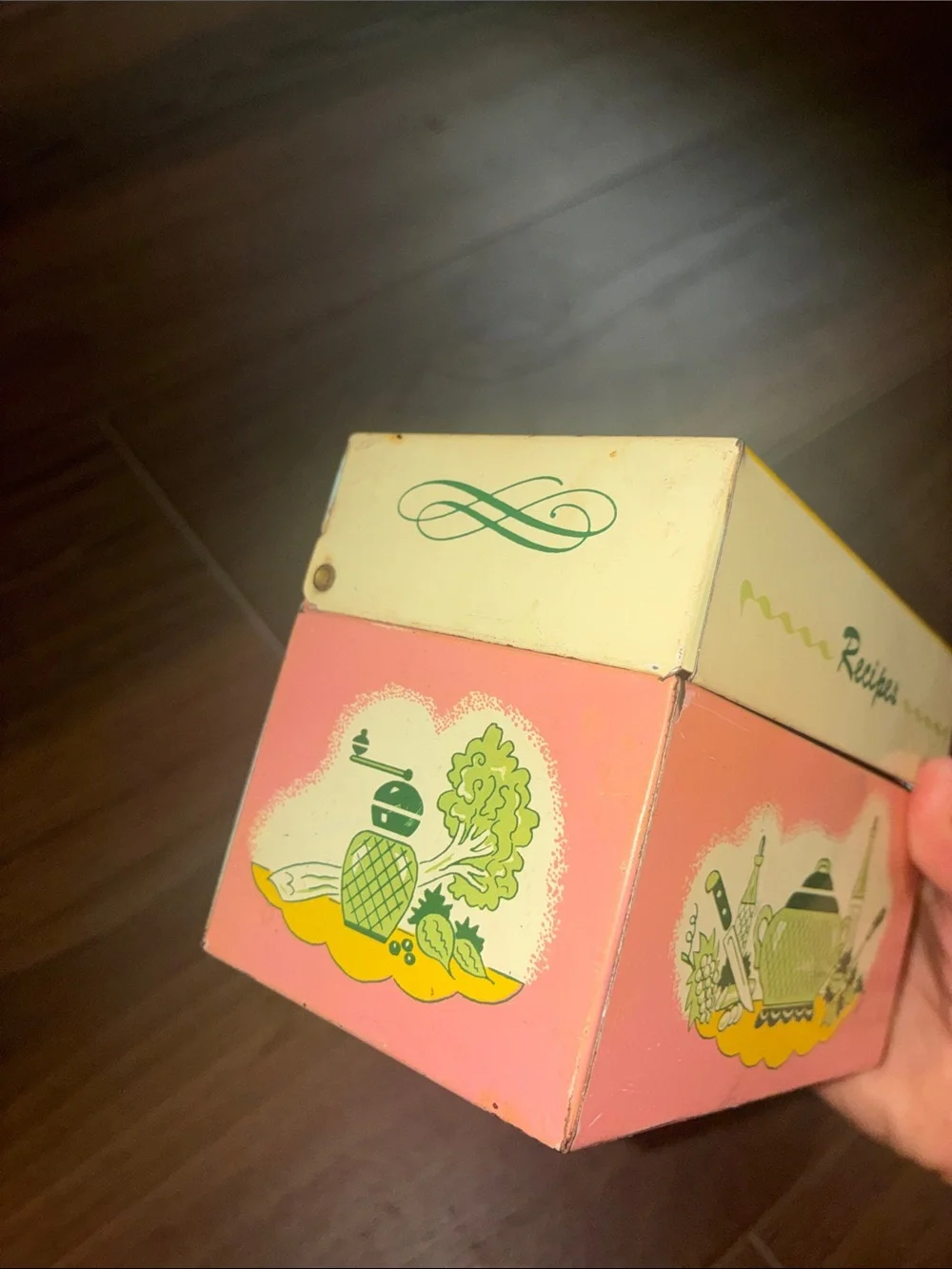 Vintage Recipes Tin Box Recipe Box Yellow Pink 50’s Retro VTG METAL OHIO ART USA